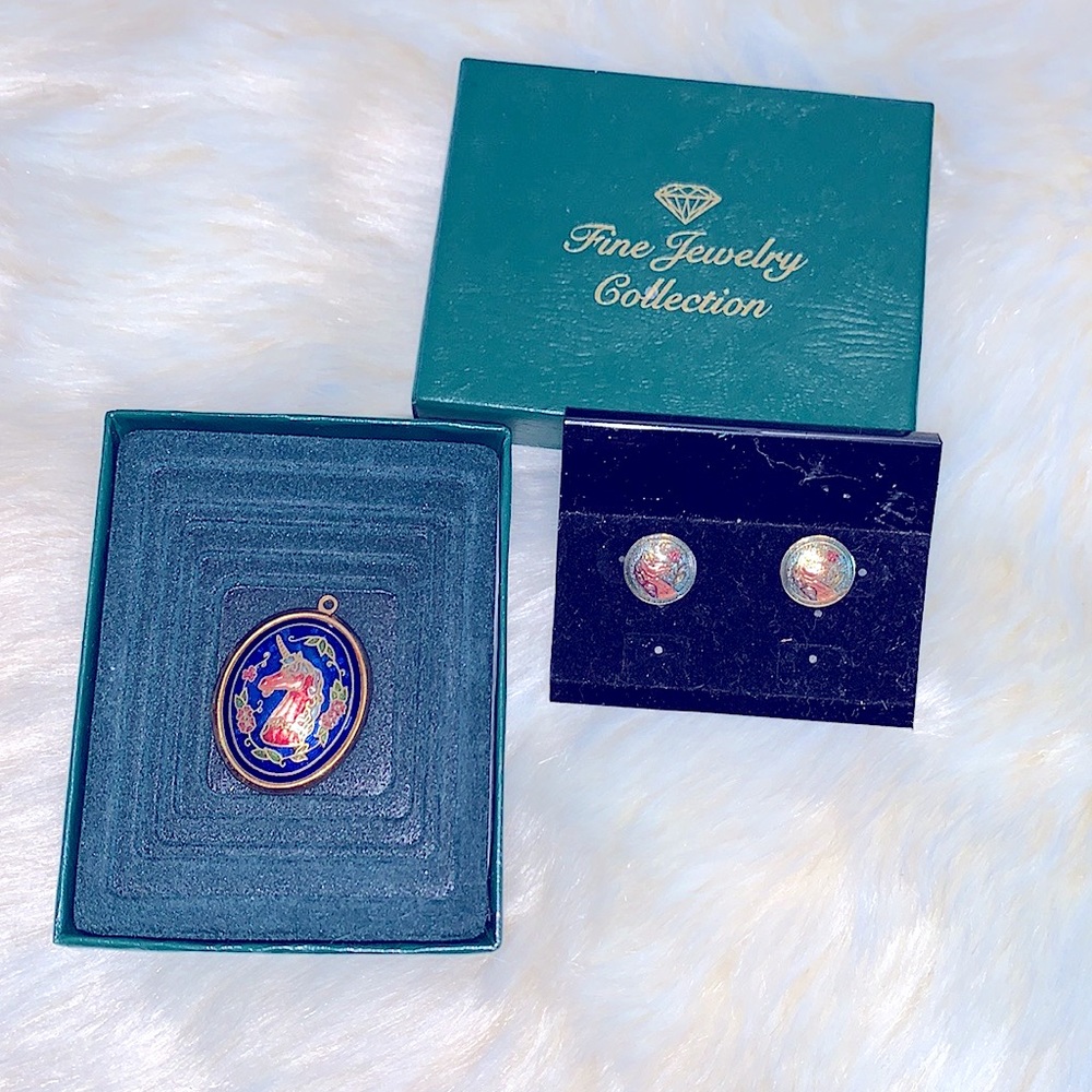 HP✨RARE Antique1970’s Cloisonné Jewelry Set, Mystical Unicorn Locket+Earring Set - Picture 3 of 17